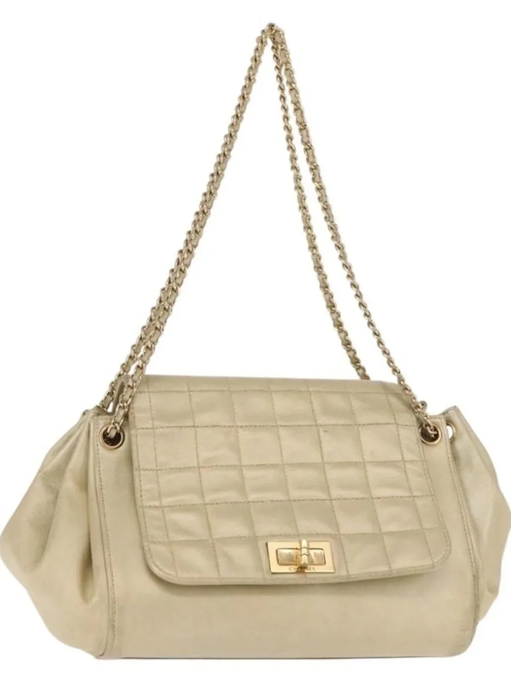 CHANEL Choco Bar Chain Shoulder Bag Leather Gold CC Auth 145942